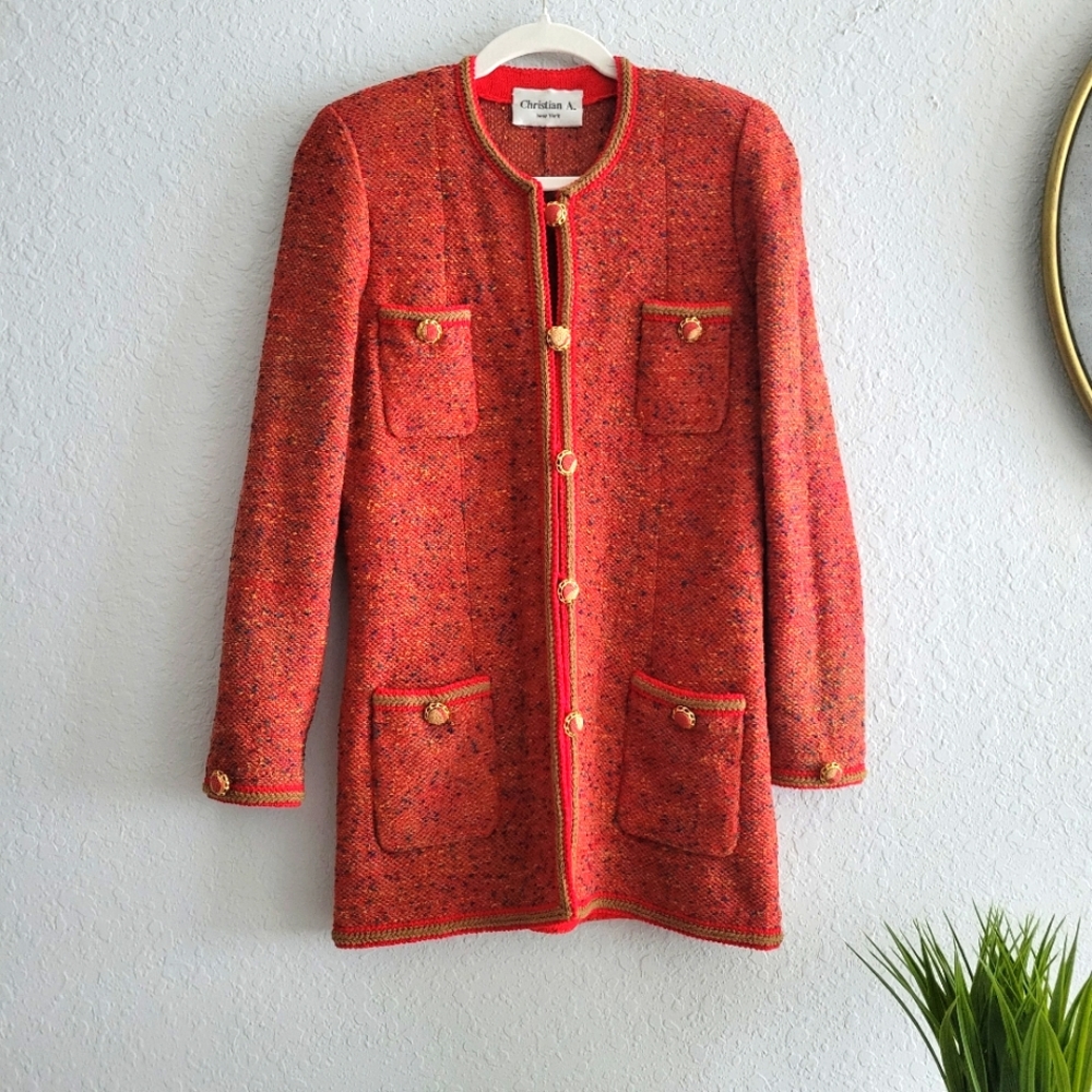 Christian A Couture Red & Gold Knit Collarless Padded Shoulder Long Line Blazer